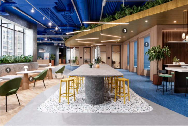 Modern coworking space renovated with bold colors and natural architectural finishes
