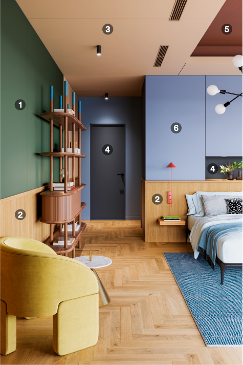 A mix of wood and bold color architectural finishes in a residential bedroom.
