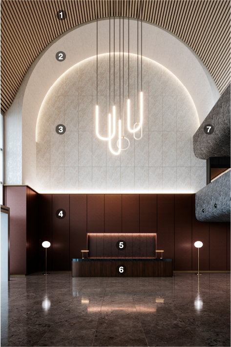 Large reception area finished with various colors and textures of architectural finishes
