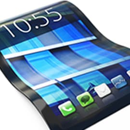 A curved electronics display showing 3M's electronics bonding solutions for curved and foldable surfaces.