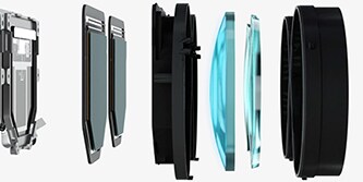 Exploded view of VR/AR headset's lenses and optics.
