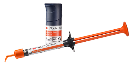 3M RelyX Universal Cement syringe and 3M Scotchbond Plus Universal Adhesive bottle
