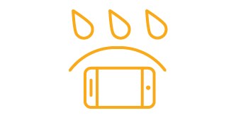 Orange lineart icon showing a mobile device being protected against water droplets representing sealing against water
