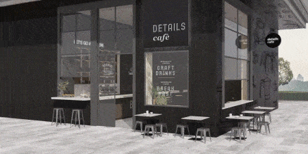 咖啡館外部的數字渲染顯示如何應用3M薄膜以實現表面設計和功能。
