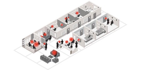 Illustration showing visual hacking risk areas in healthcare environment
