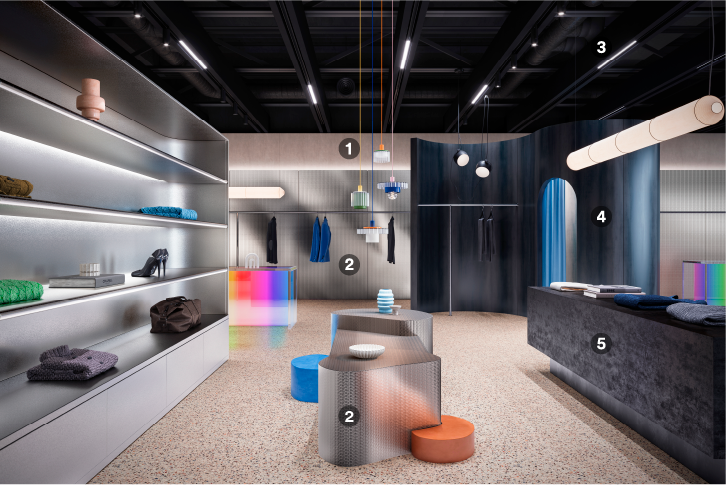 Minimalist retail space renovated with metallic architectural finishes
