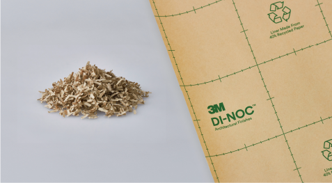 Pile of recycled paper next to a roll of 3M Architectural Film
