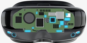View inside AR/VR headset circuit board with EMI management materials highlighted

