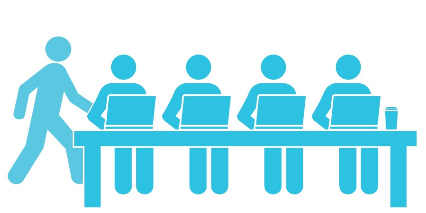 Graphic showing four workers on computers with visual hacker passing in background.
