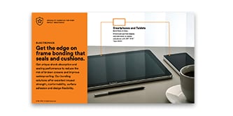 展示3M™ VHB™膠帶電子應用簡介宣傳冊的圖片,強調平板設備和框架粘合的密封和緩衝。