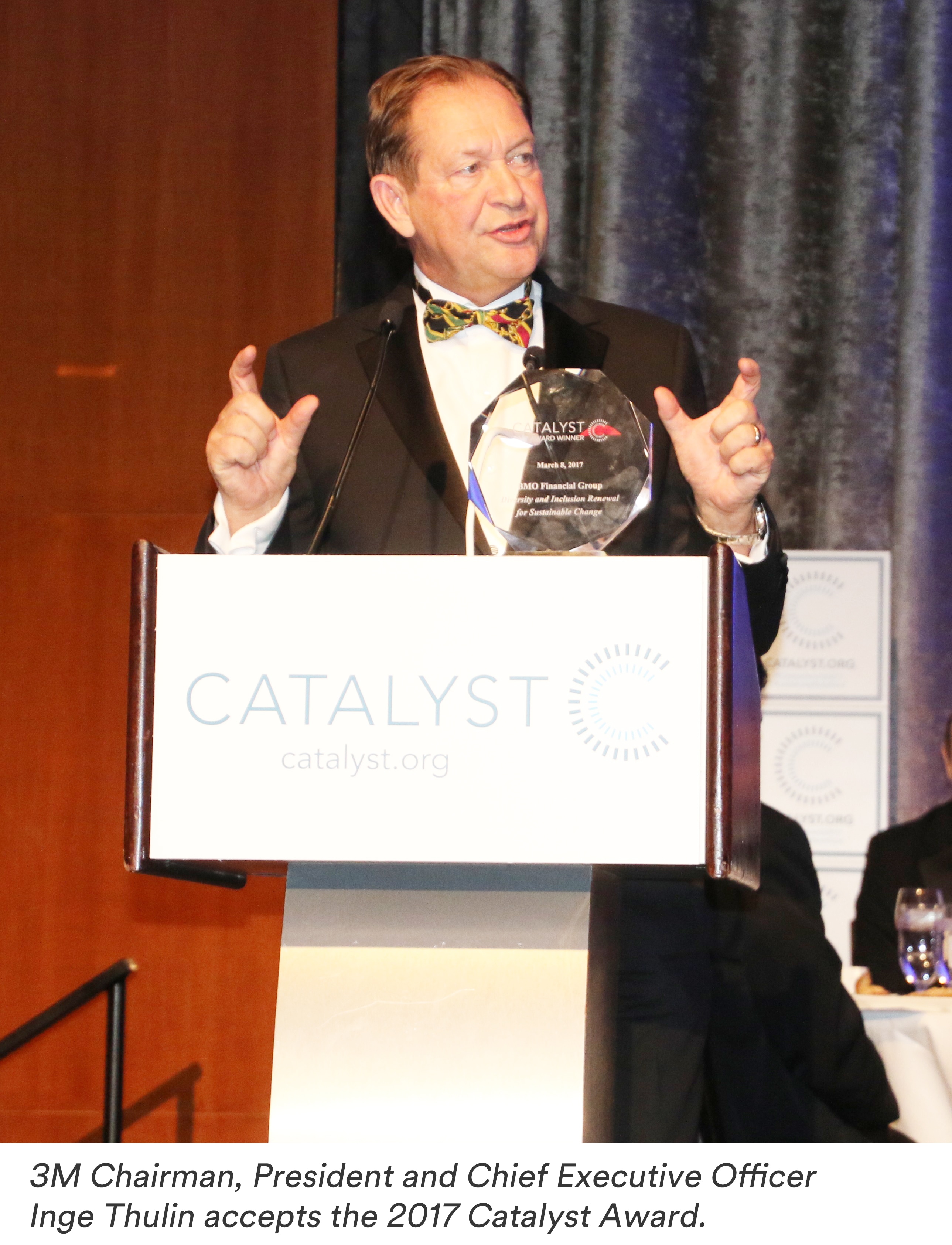 3M Chairman, President and Chief Executive Officer Inge Thulin accepts the 2017 Catalyst Award.