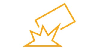 Orange lineart icon showing mobile device impacting a surface representing impact resistance