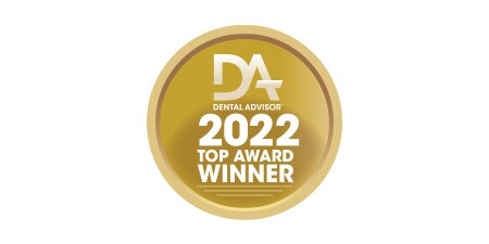 Gold, Circular Badge with Dental Advisor 2022 Top Award Winner written
